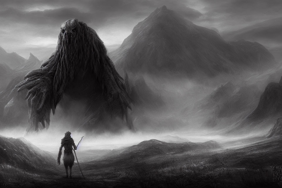 Traveler Confronts Hirsute Creature in Misty Mountain Landscape