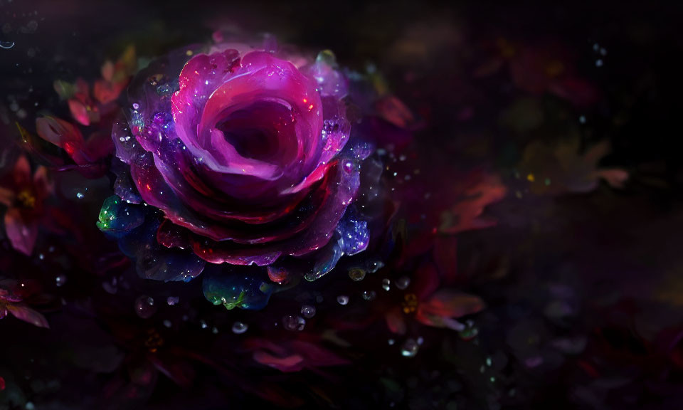 Purple Rose Digital Painting with Dewdrops on Dark Background