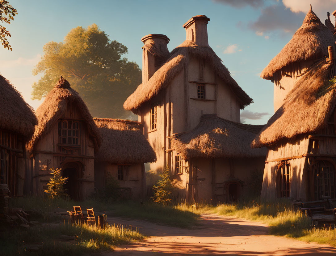 Tranquil village with thatched-roof cottages at sunset