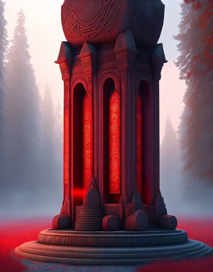 Mystical crimson-lit stone structure in foggy forest