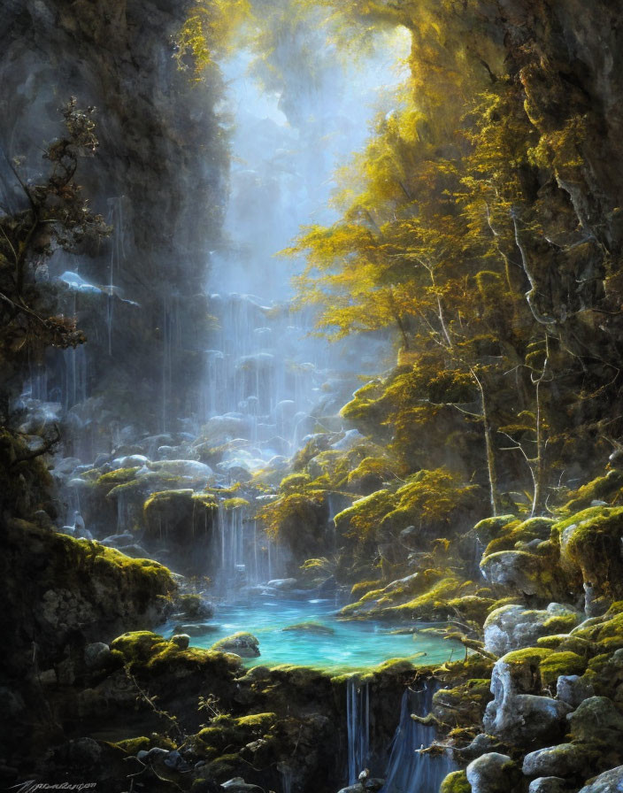 Tranquil waterfall in sunlit cavern with lush trees