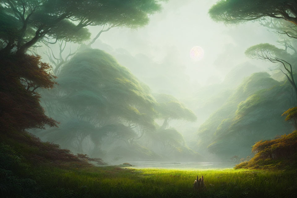 Misty forest scene with lush green canopy and glowing sun