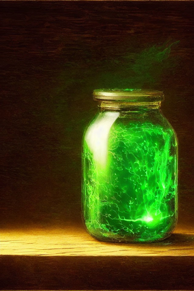 Glowing Green Energy in Glass Jar on Dark Background