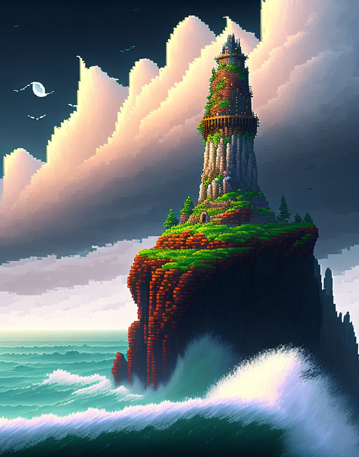 Pixel art of ancient tower on cliff overlooking turbulent sea