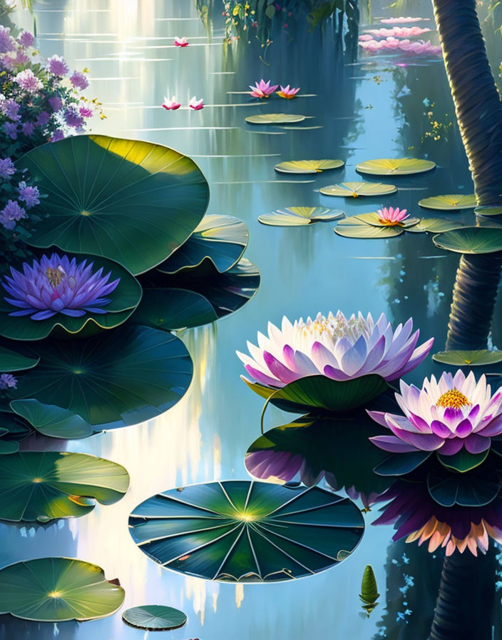 Tranquil pond with lotus flowers, lily pads, and tropical trees