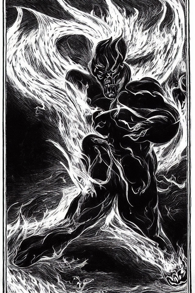 Monochrome illustration of muscular figure in dynamic energy swirls