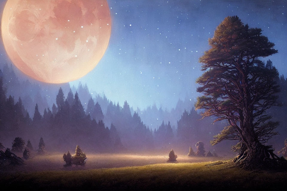 Large Red Moon Over Serene Night Forest Landscape