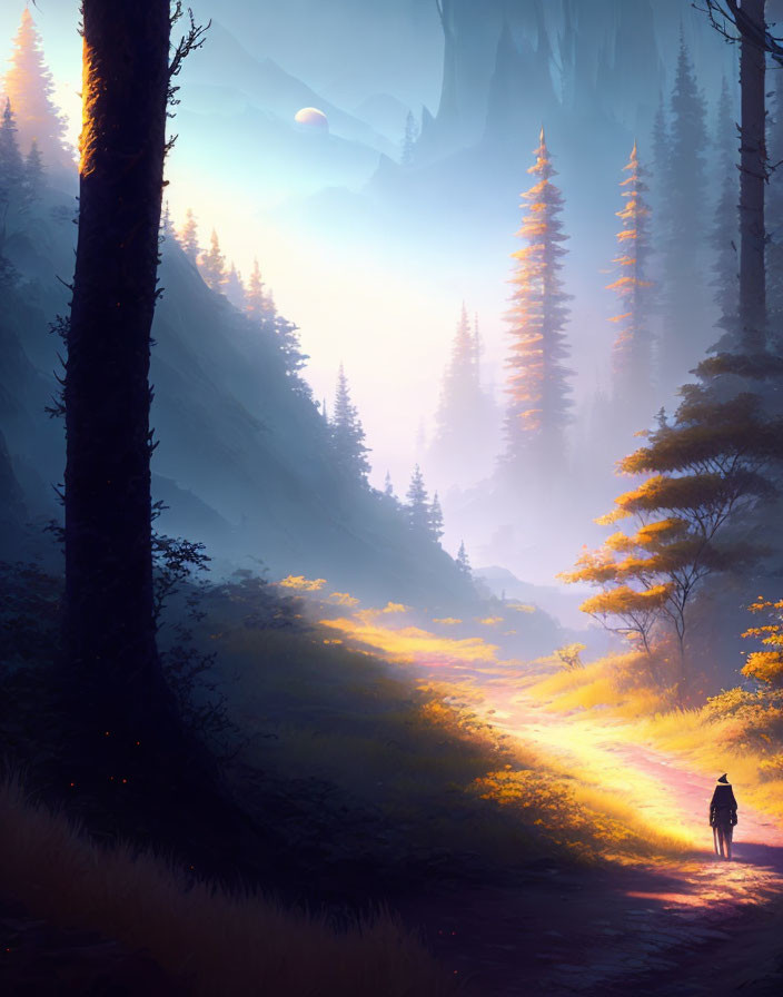 Figure walking in mystical forest with purple and gold light, towering trees, distant planet.