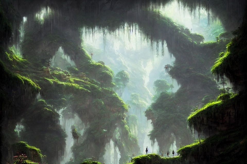 Lush Green Forest with Waterfalls, Cliffs, and Figures