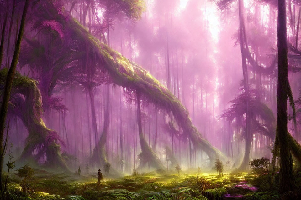 Mystical Enchanted Forest with Towering Trees and Pink Haze