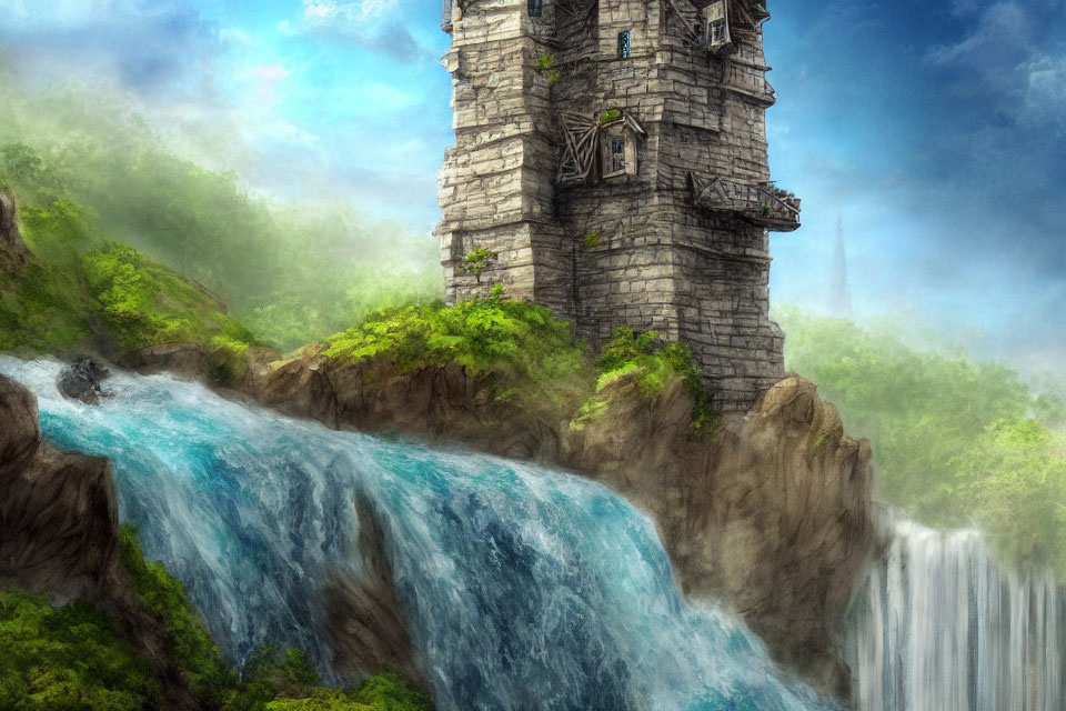 Mystical stone tower on rocky cliff with waterfall and lush greenery