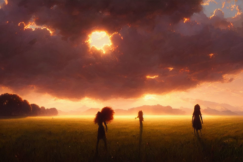 Golden sunset with figures in motion in a field