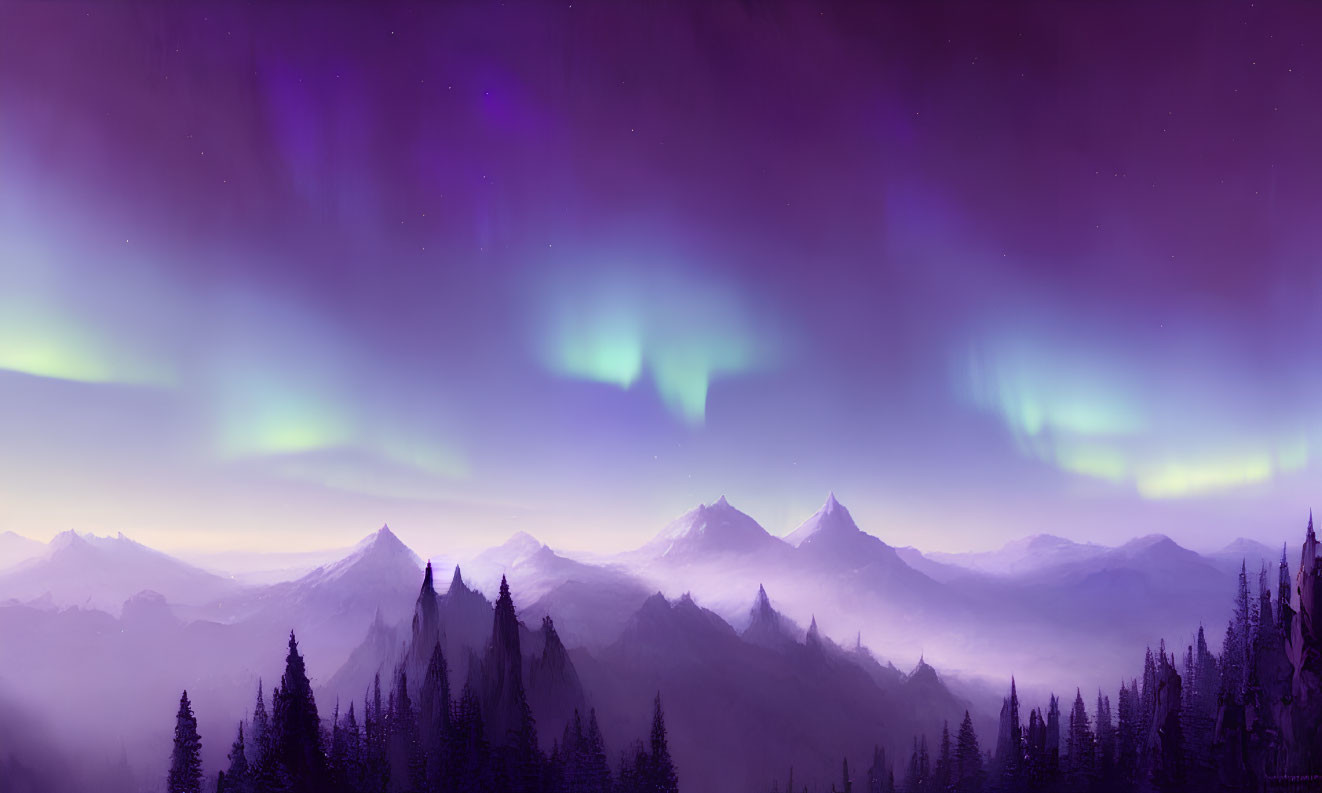 Misty mountain range under vibrant night sky with auroras