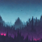 Twilight forest scene with silhouetted trees and bat in purple and blue hues