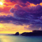 Dramatic ocean storm with purple clouds and lightning strikes