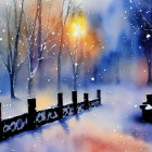 Snowy forest scene at dusk with bonfire, person by fence