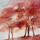 Tranquil forest scene with tall trees and red foliage