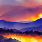 Colorful sunset over mountainous landscape with river and solitary figure