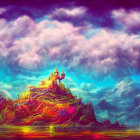 Fantastical landscape with luminous sunset skies, misty mountains, glowing island, and serene water