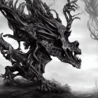 Monochrome illustration of tentacled creature in misty forest