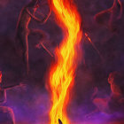 Illustration of shadowy figures around bonfire with central flame on purple background