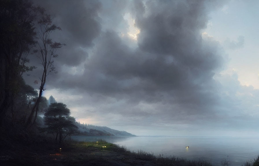 Misty lake landscape with dramatic cloudy sky at dusk