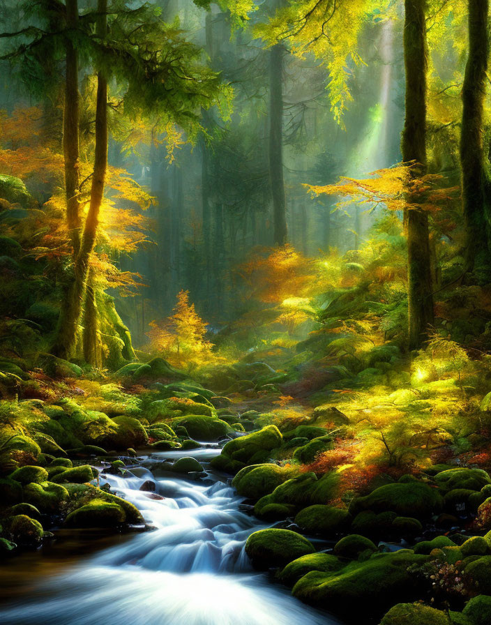 Lush forest with moss-covered rocks and autumn stream