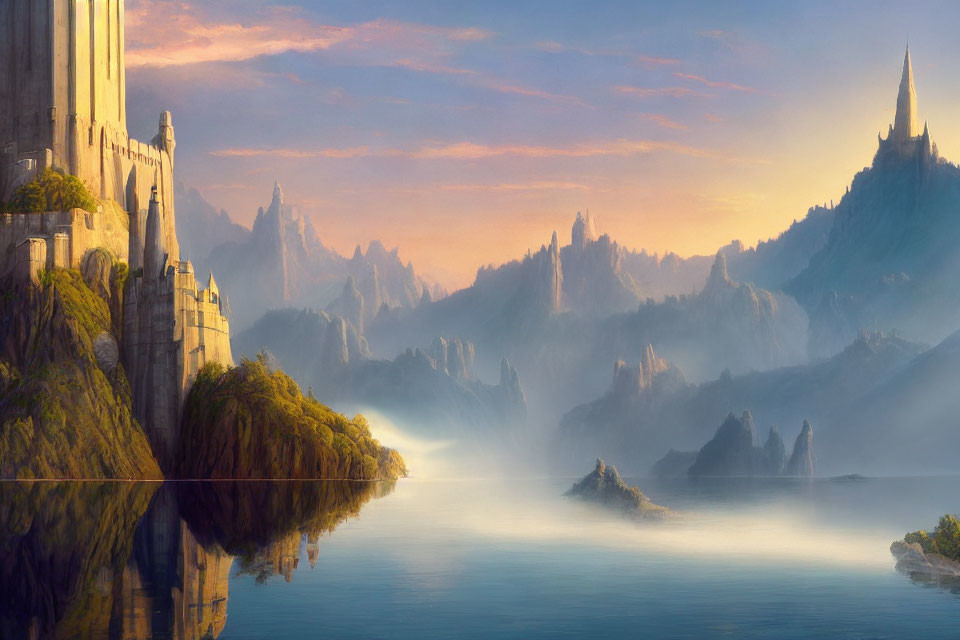 Castle on Cliff Overlooking Tranquil Lake and Misty Mountains at Dawn