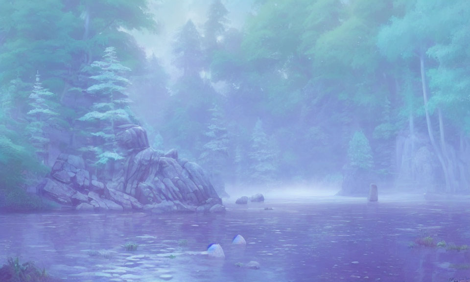 Misty landscape with serene water, rocks, and lush trees