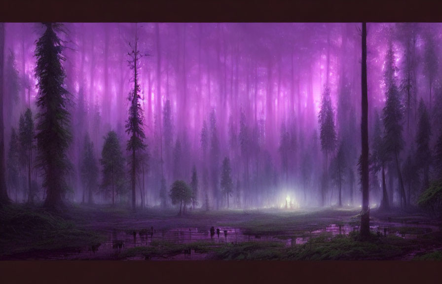 Enchanting purple-lit forest with misty trees and bright clearing