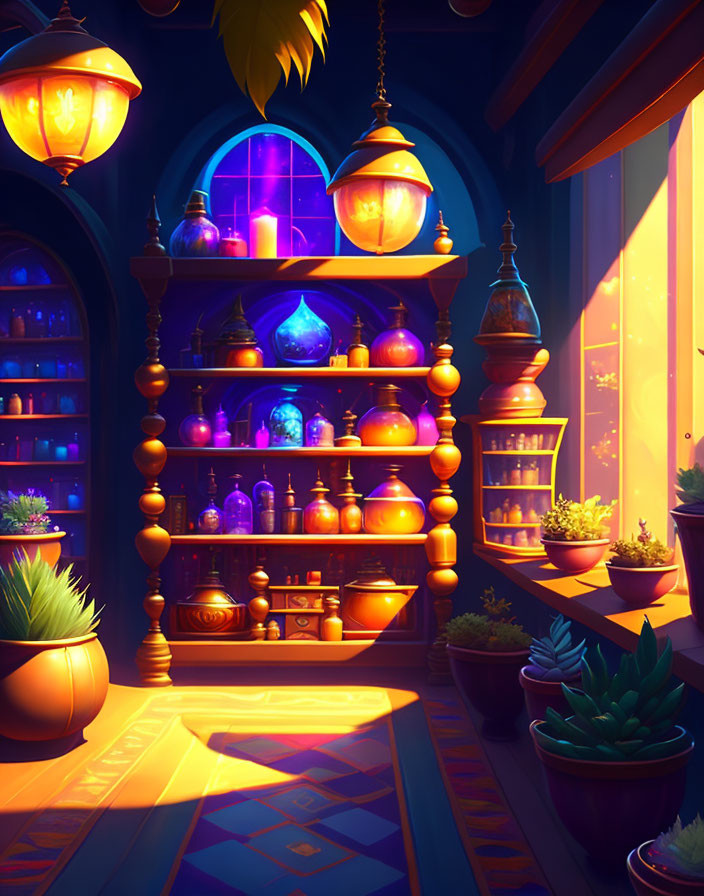 Colorful Glowing Potion Bottles on Wooden Shelf in Enchanting Room