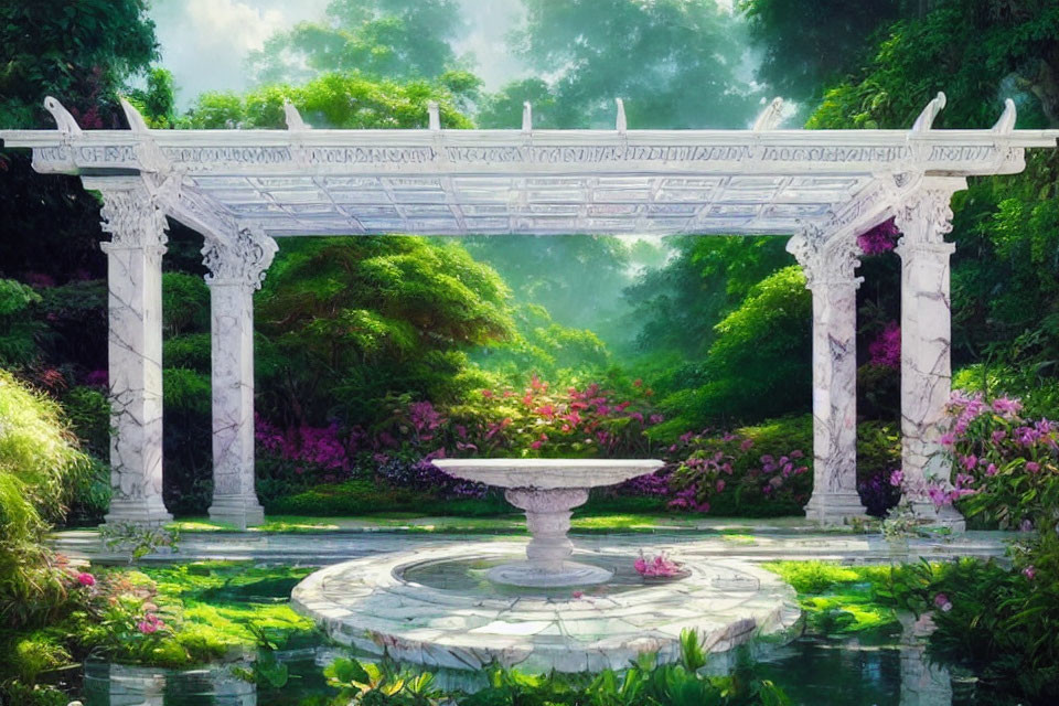 Marble pergola with garden path, stone fountain, lush greenery, vibrant flowers.