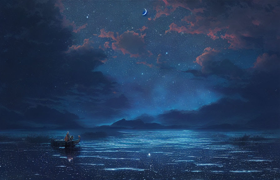 Tranquil nightscape with boat on calm waters under starry sky