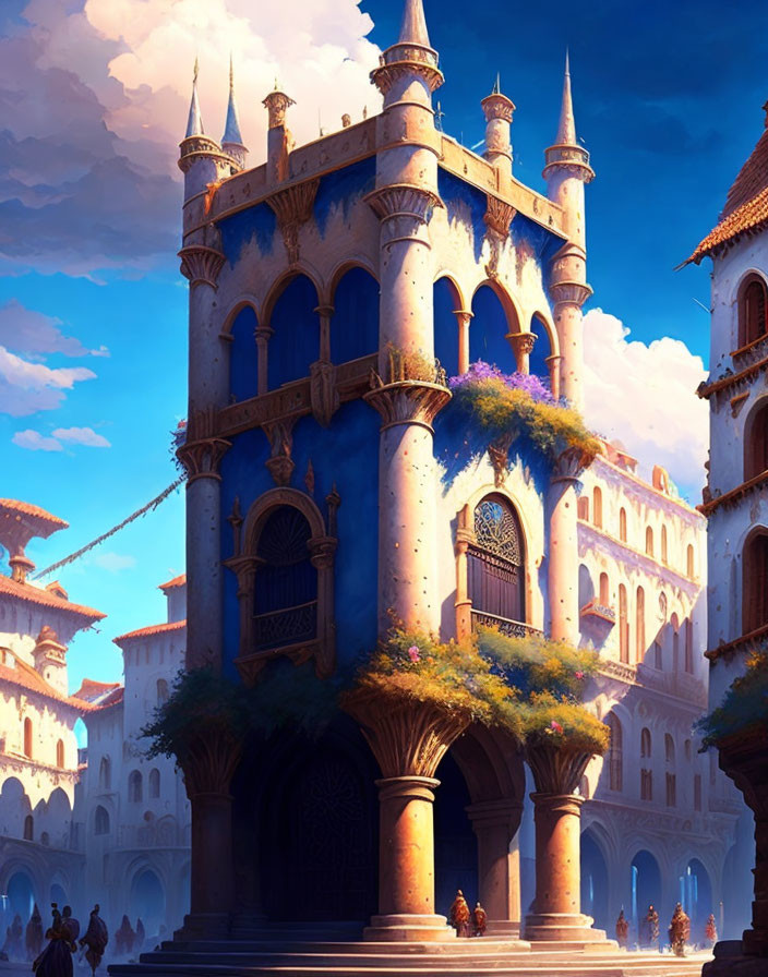 Fantasy castle with tall spires and arched doorways in warm sunlight