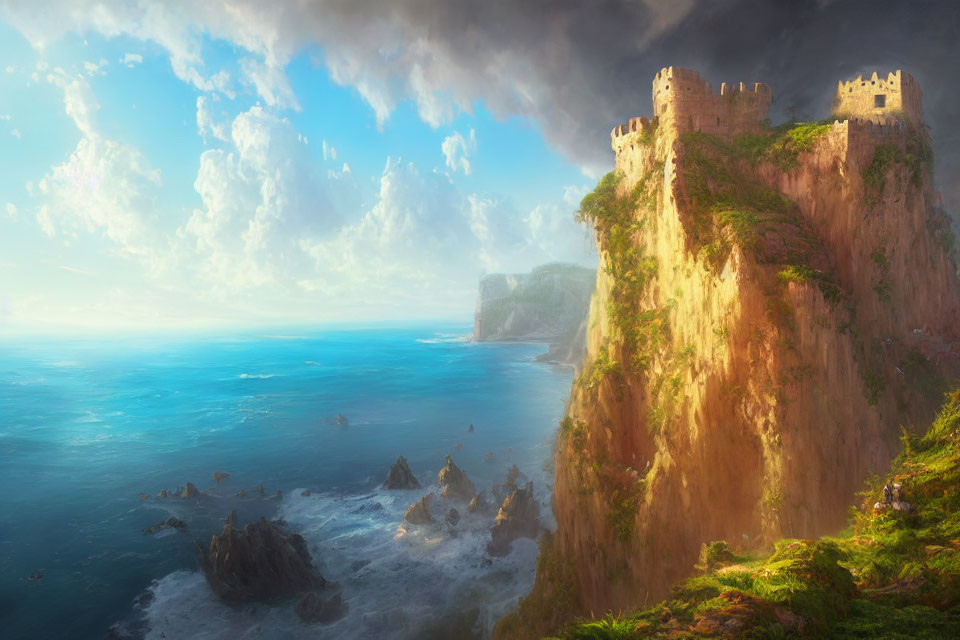 Majestic castle on steep cliff with ocean view