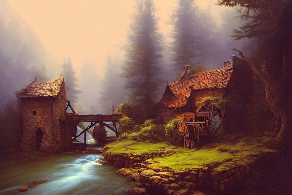 Rustic watermill and cottages in foggy pine forest