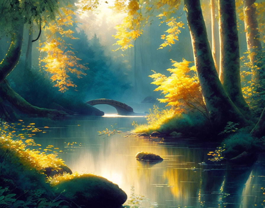 Tranquil forest river with stone bridge and lush trees