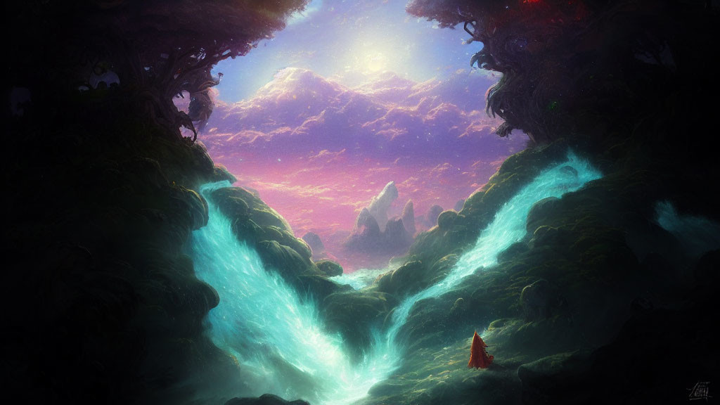 Mystical landscape with glowing blue rivers and red-cloaked figure