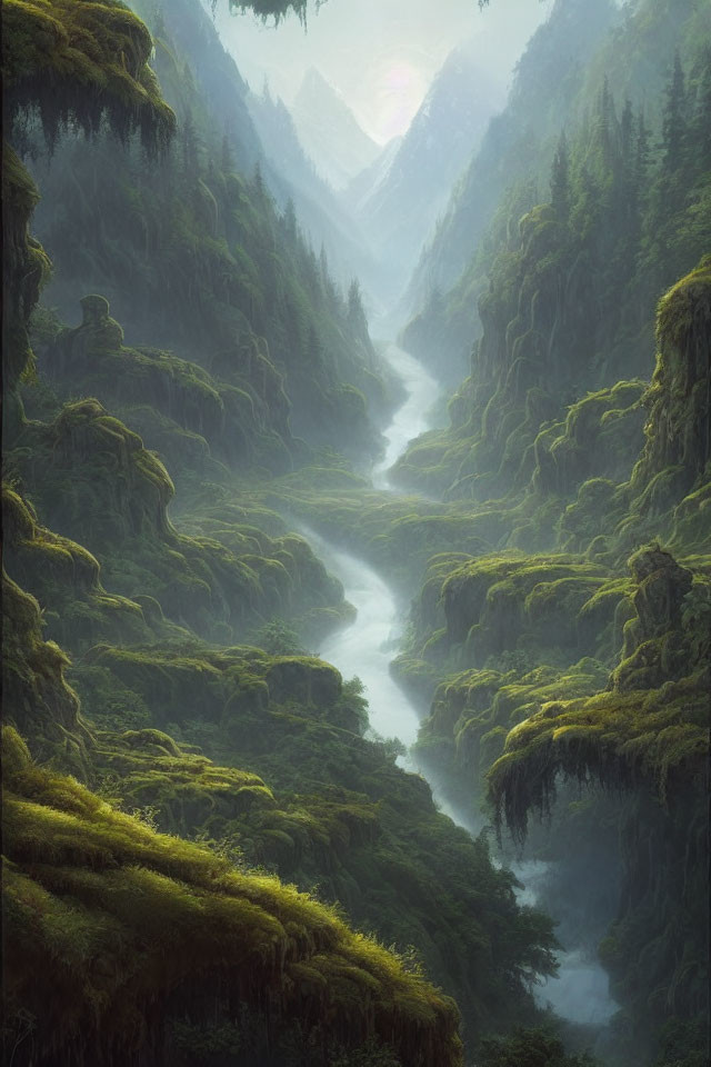 Enchanting forest valley with meandering river and moss-covered cliffs