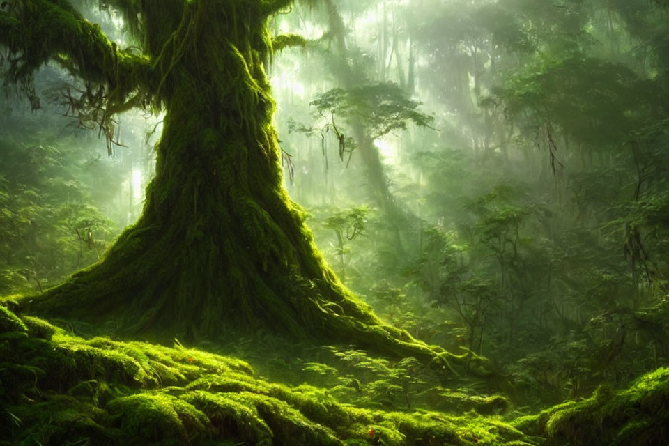 Sunlit Moss-Covered Tree Trunk in Ethereal Forest