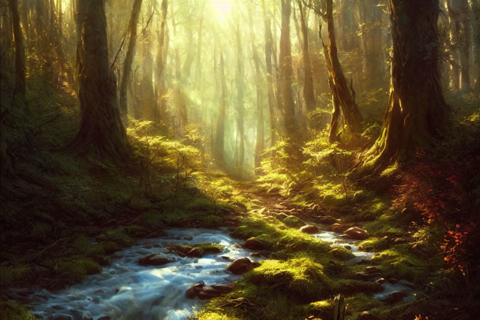 Sunlight through mist in lush green forest with babbling brook