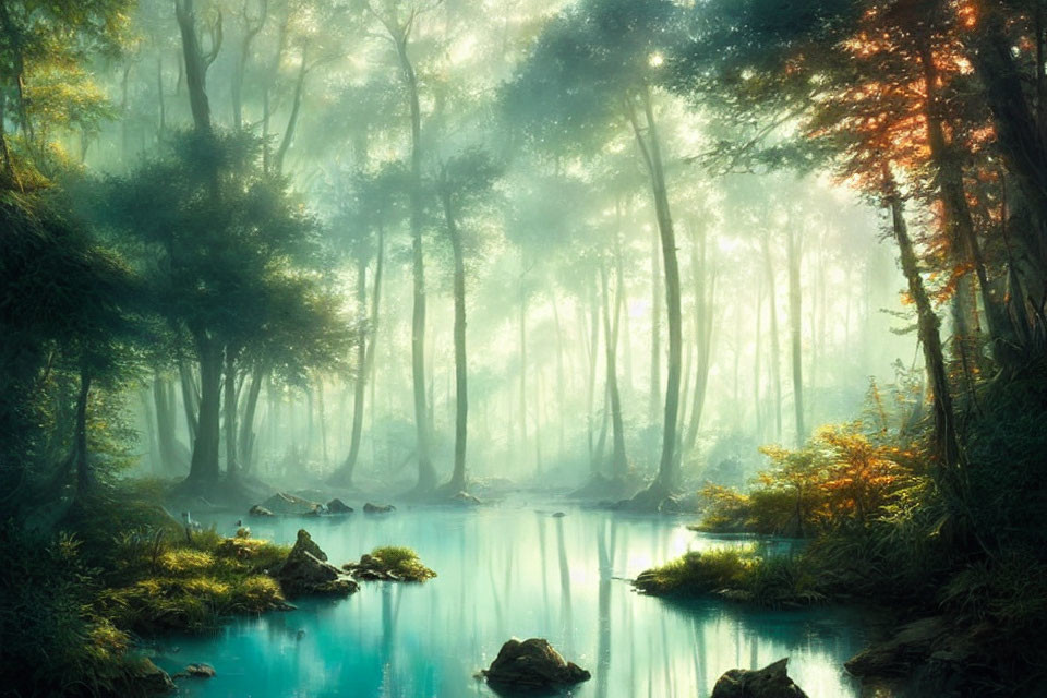 Tranquil forest scene with mist, sunlight, trees, and river