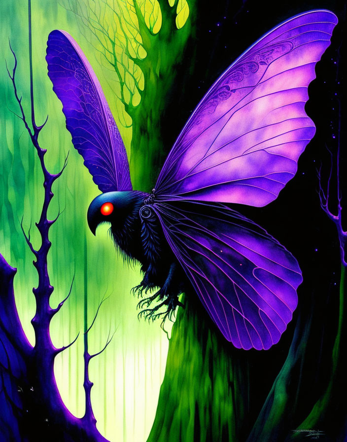 Detailed Purple Butterfly in Mystical Green Forest