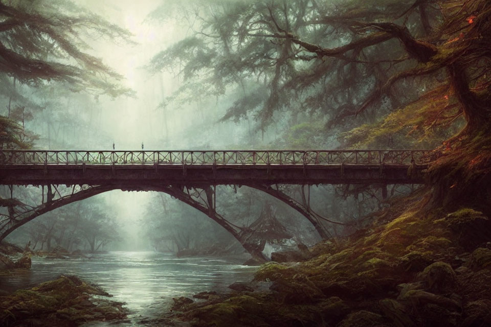 Old Bridge Over Misty River in Serene Forest with Sunlight Filtering Through Moss-Covered Trees