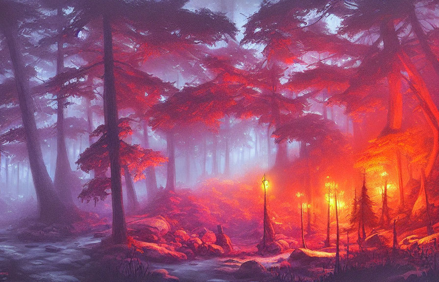 Vibrant red forest with mist, towering trees, and moss-covered ground