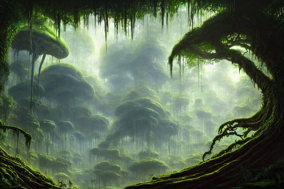 Moss-Covered Trees in Serene Forest Scene