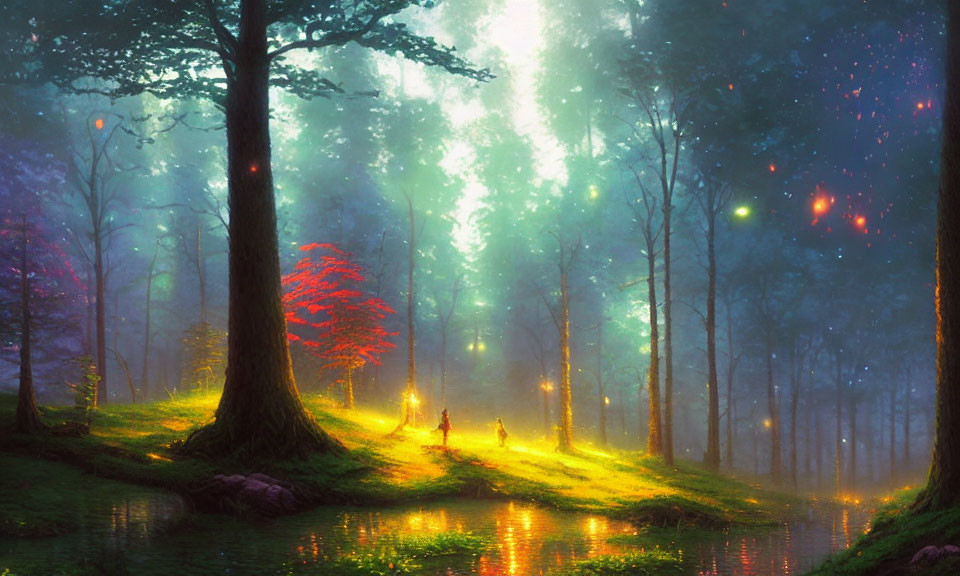 Ethereal forest scene with glowing mist, fireflies, tranquil pond, and radiant tree