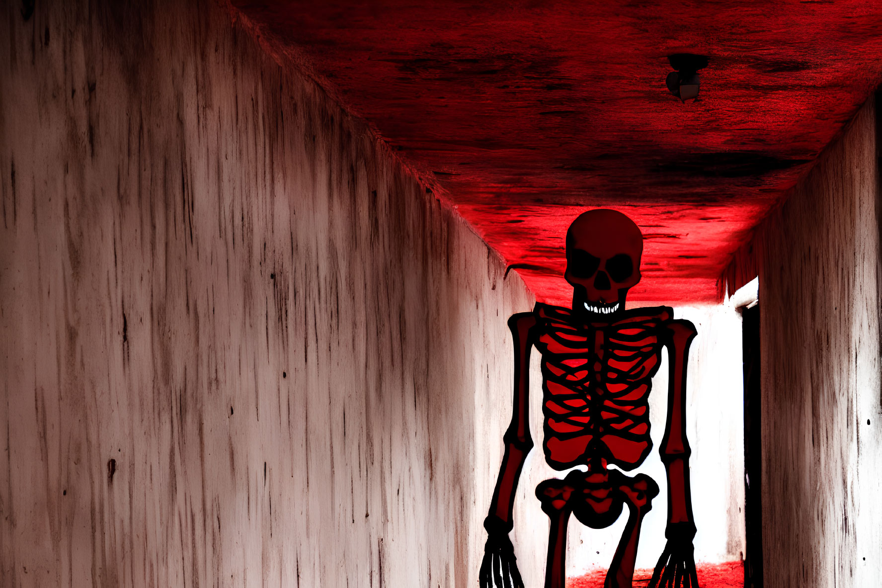 Red Glow Skeleton in Concrete Corridor: Spooky Atmosphere