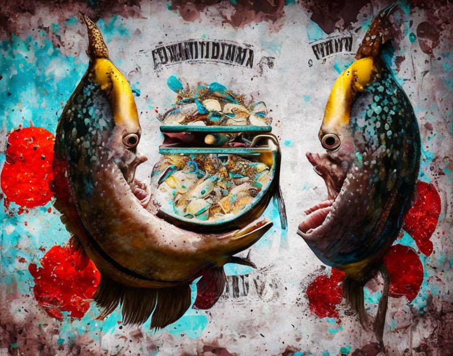 Fish heads and trombone merge on abstract background with text elements