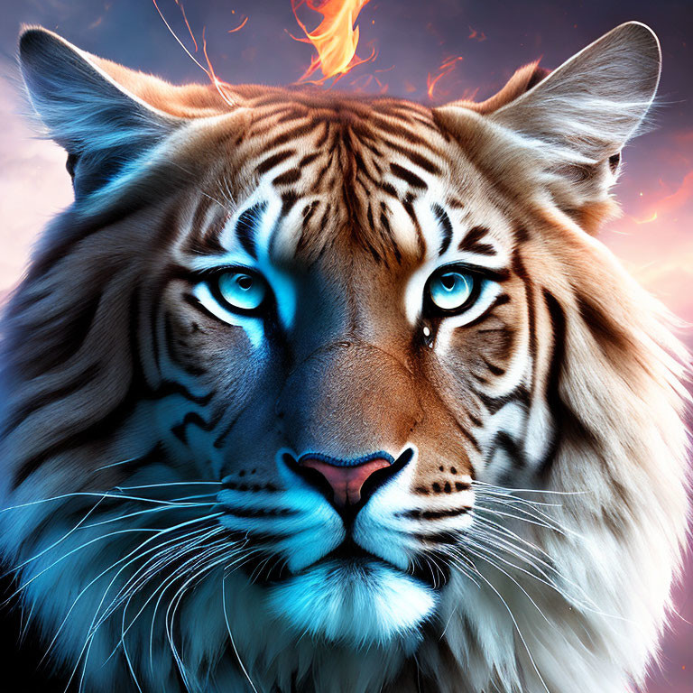 Digital artwork: Tiger with blue eyes and fiery crown in celestial setting